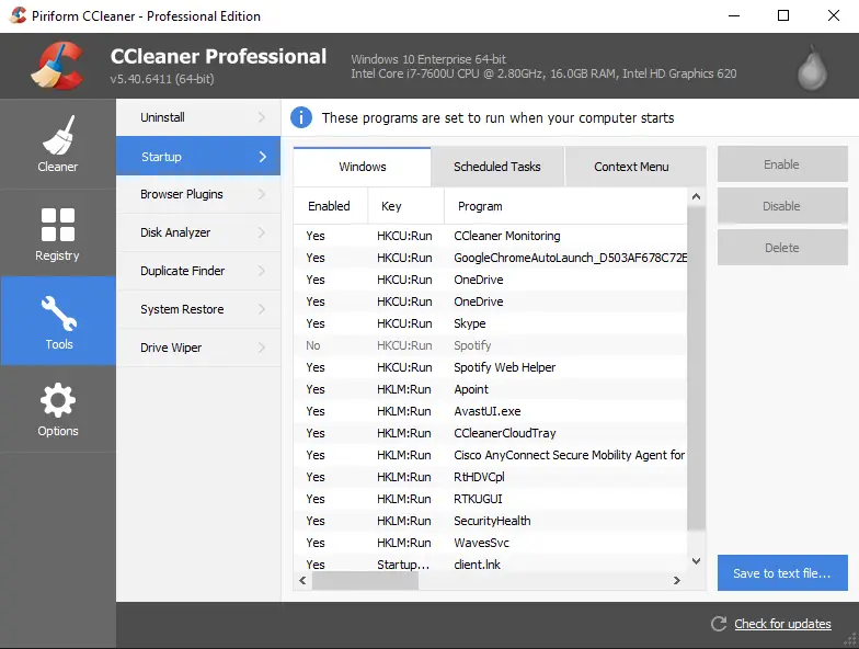 List of autoloads in CCleaner